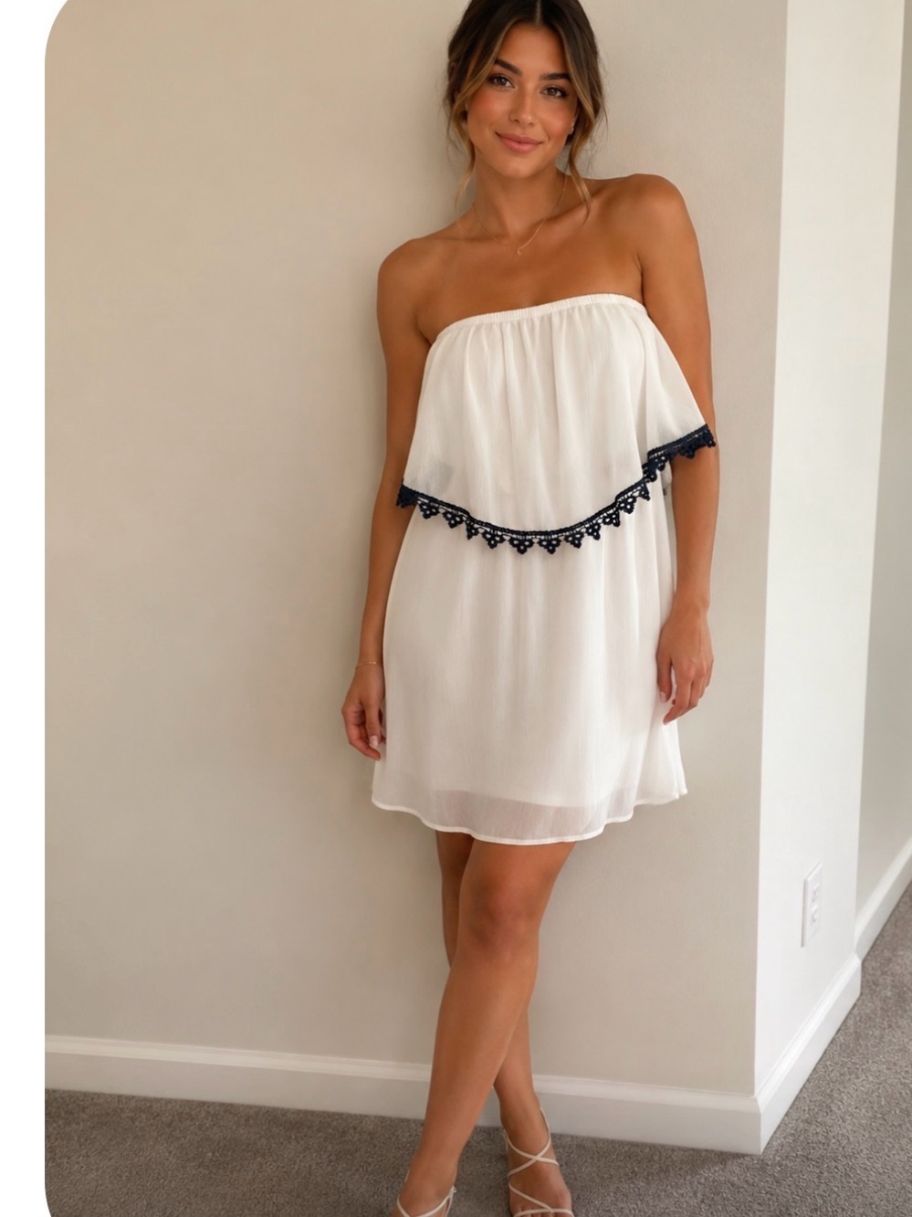 White Off-Shoulder Dress with Navy Blue Lace Trim